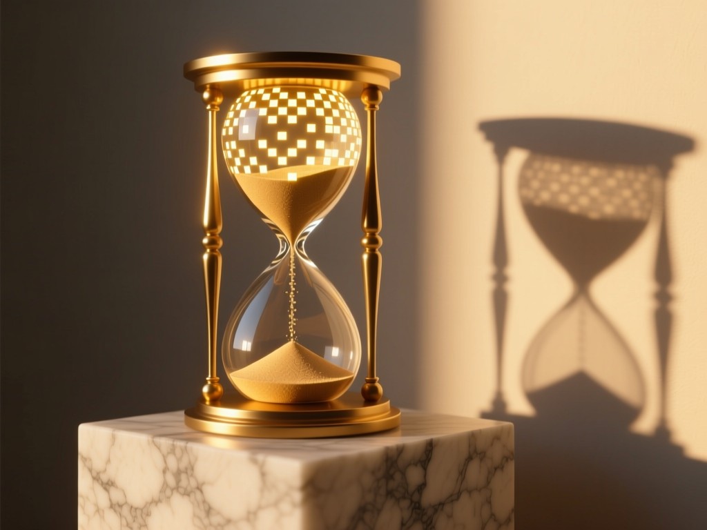 A digital hourglass on a marble pedestal during golden hour, top half filled with glowing pixels instead of sand, warm light casting long shadows, minimalist composition, no people.