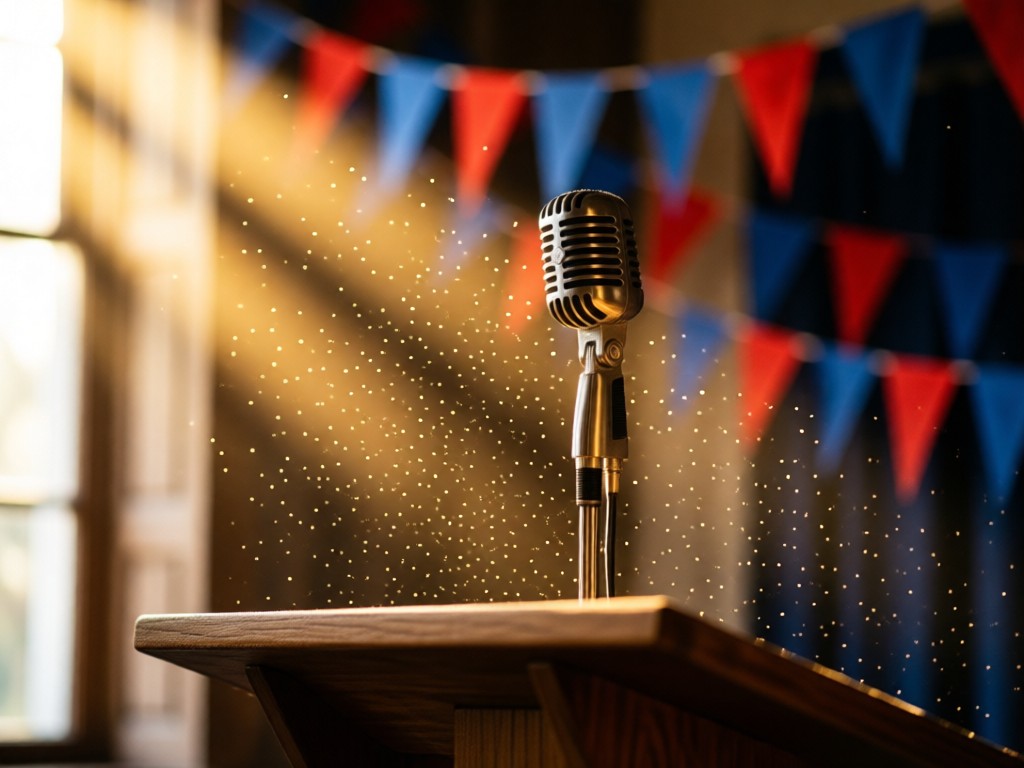 Vintage microphone on a simple podium against blurred red-and-blue bunting. Golden light streams from side window, highlighting dust motes. Shallow focus emphasizes the microphone.