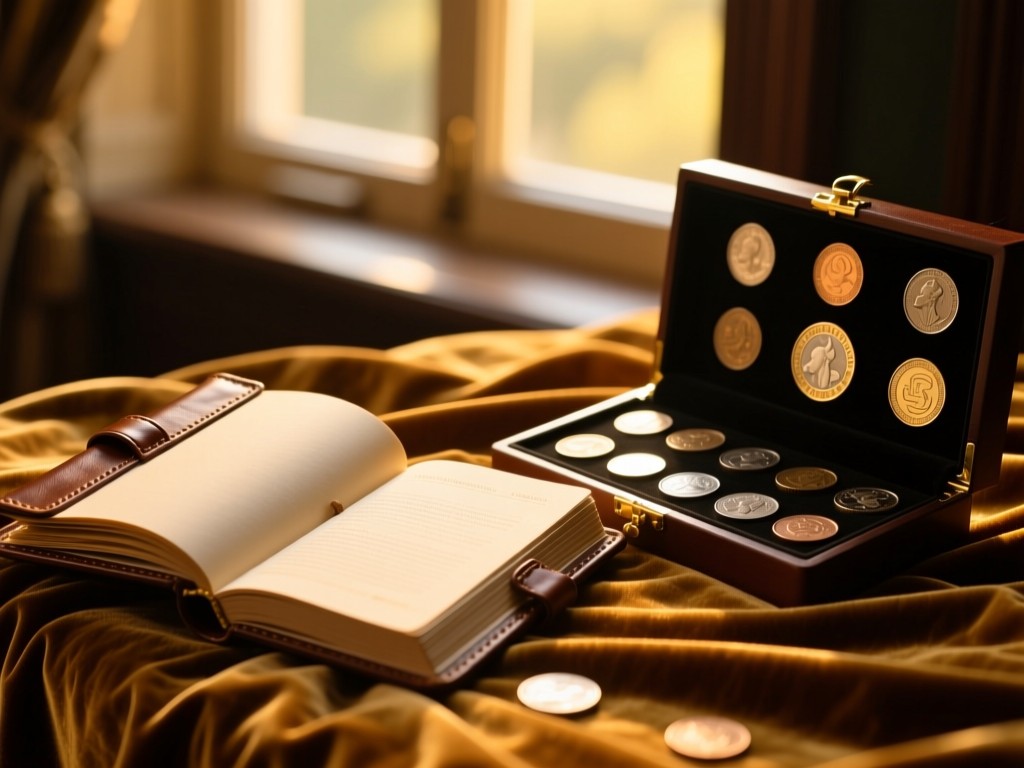 An open leather-bound journal beside a rare coin collection on a velvet cloth, golden hour light streaming through a window, shallow depth of field, warm amber tones, no people.