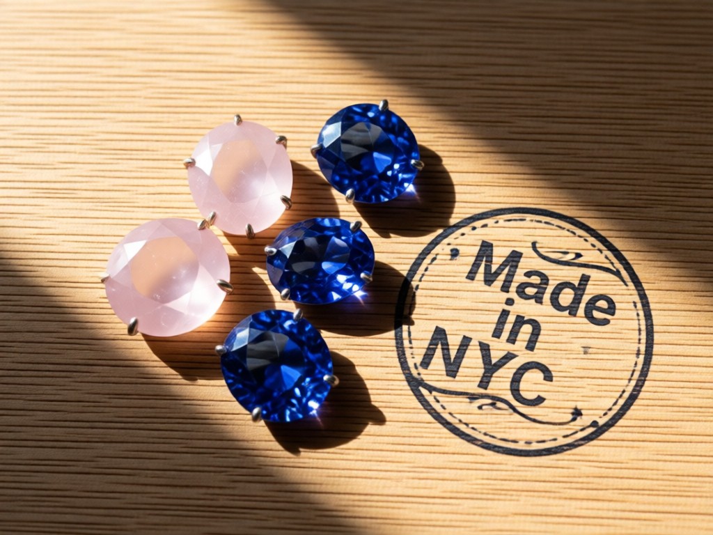 Flat lay of ethically-sourced gemstones beside a 'Made in NYC' stamp. Morning light creates soft highlights on rose quartz and sapphires. Natural wood background. No people.