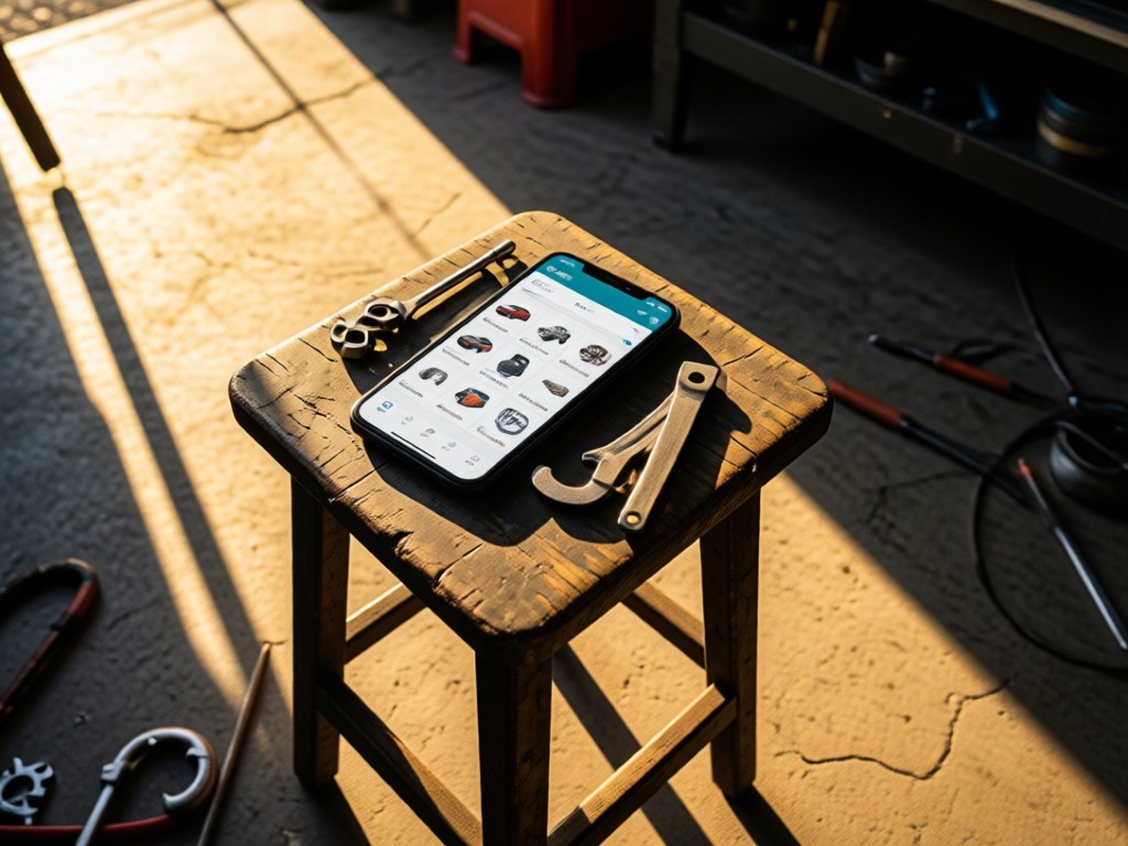 A smartphone displaying an auto parts catalog on a weathered mechanic's stool. Late afternoon sun casts long shadows across garage concrete. No people in frame.