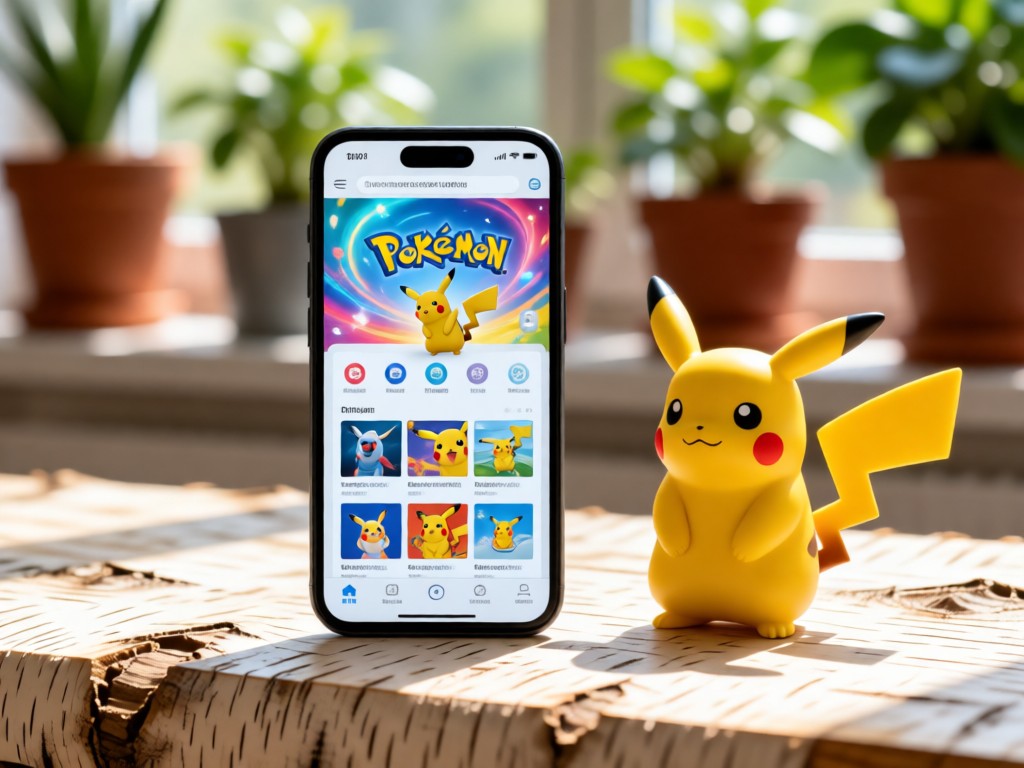 A smartphone displaying a vibrant Pokemon portfolio site beside a Pikachu figurine. Natural light illuminates both on a birchwood surface. Background shows soft bokeh of potted plants. No people.