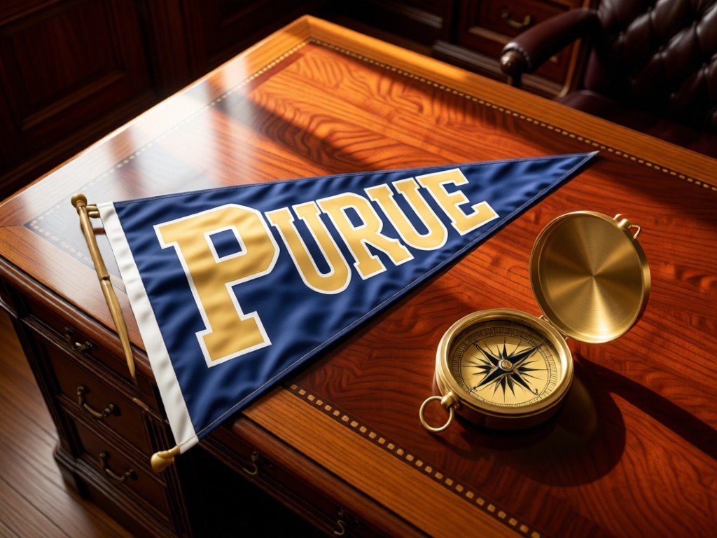 An aerial shot of a Purdue pennant laid across a polished mahogany desk beside a brass compass. Soft directional lighting symbolizes career navigation. Warm tones with academic gravitas. No people.