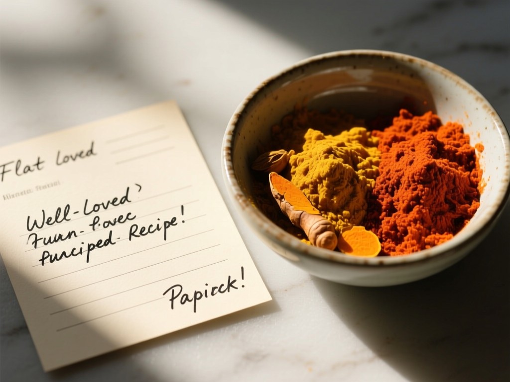 Flat lay of a well-loved recipe card with handwritten notes beside a bowl of vibrant spices. Natural light highlights textures of turmeric and paprika.