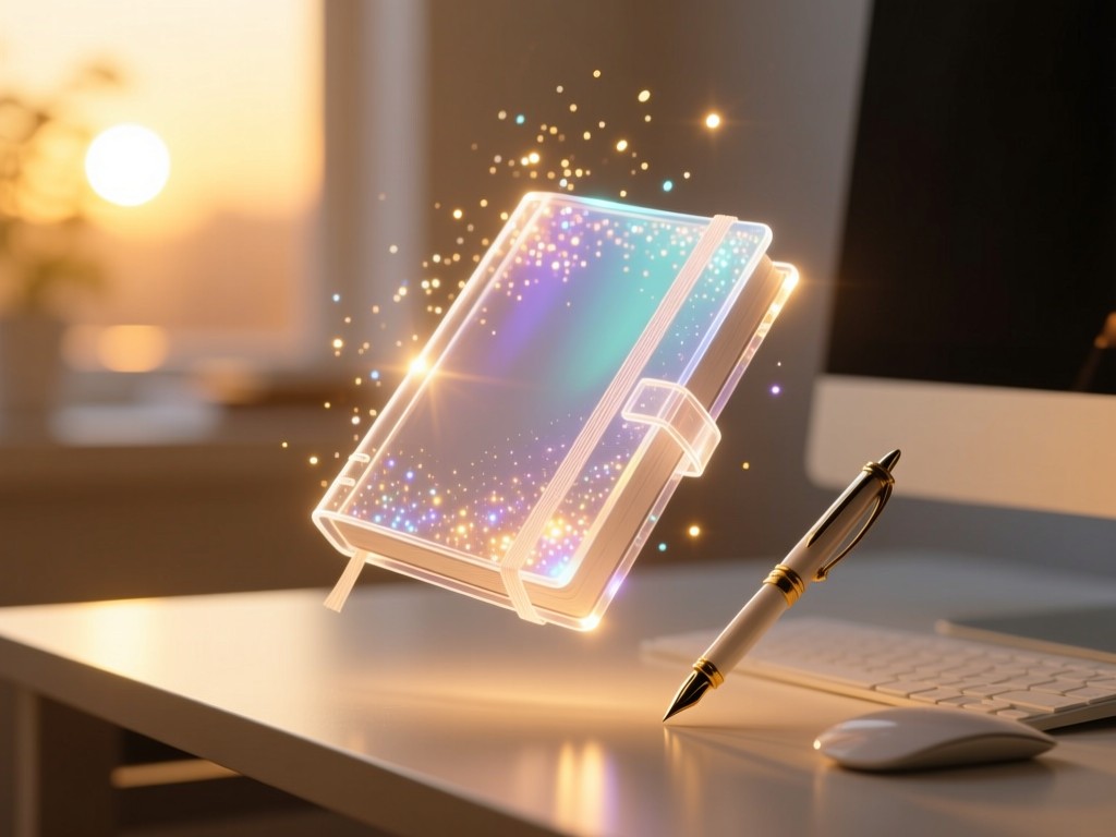 A floating holographic journal with shimmering particles above a minimalist desk during golden hour, digital quill beside it, ethereal glow, soft focus background.