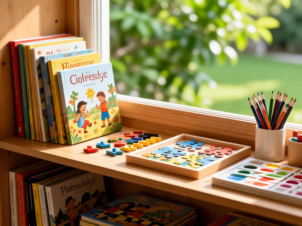 Neatly arranged educational materials on a wooden shelf: picture books, puzzles, and art supplies. Soft sunlight creates organized warmth. Blurred greenery outside window. No people.
