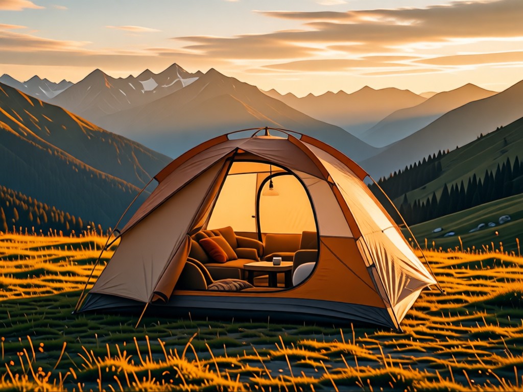A tent pitched in alpine meadow at golden hour. Door open revealing cozy interior. Mountain backdrop bathed in warm light. No people.