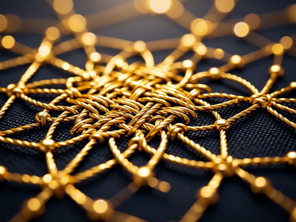 Close-up of woven golden threads forming intricate patterns on dark fabric. Shallow depth of field with bokeh highlights. Symbolizes networking and connections.