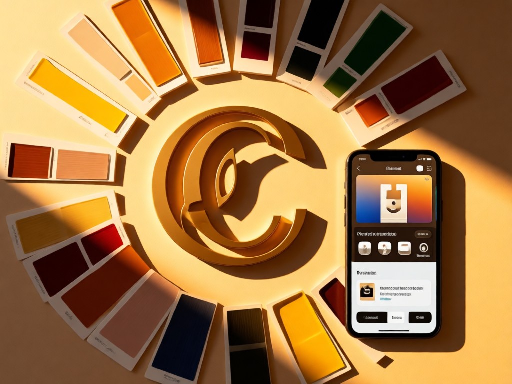 A curated arrangement of paint swatches, a stylized 'C' logo, and a smartphone showing customization options. Warm golden hour illumination creates cohesive shadows. No people.