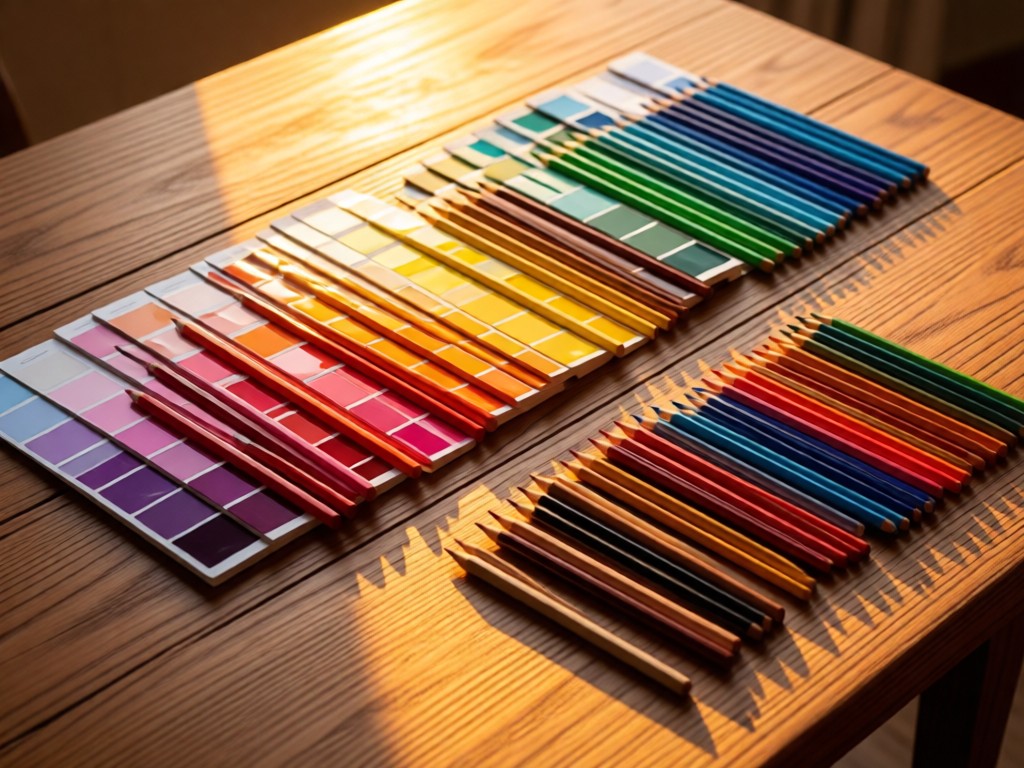 Paint swatches and designer pencils arranged in a gradient on a wooden table. Golden hour light creates warm color reflections. No people.