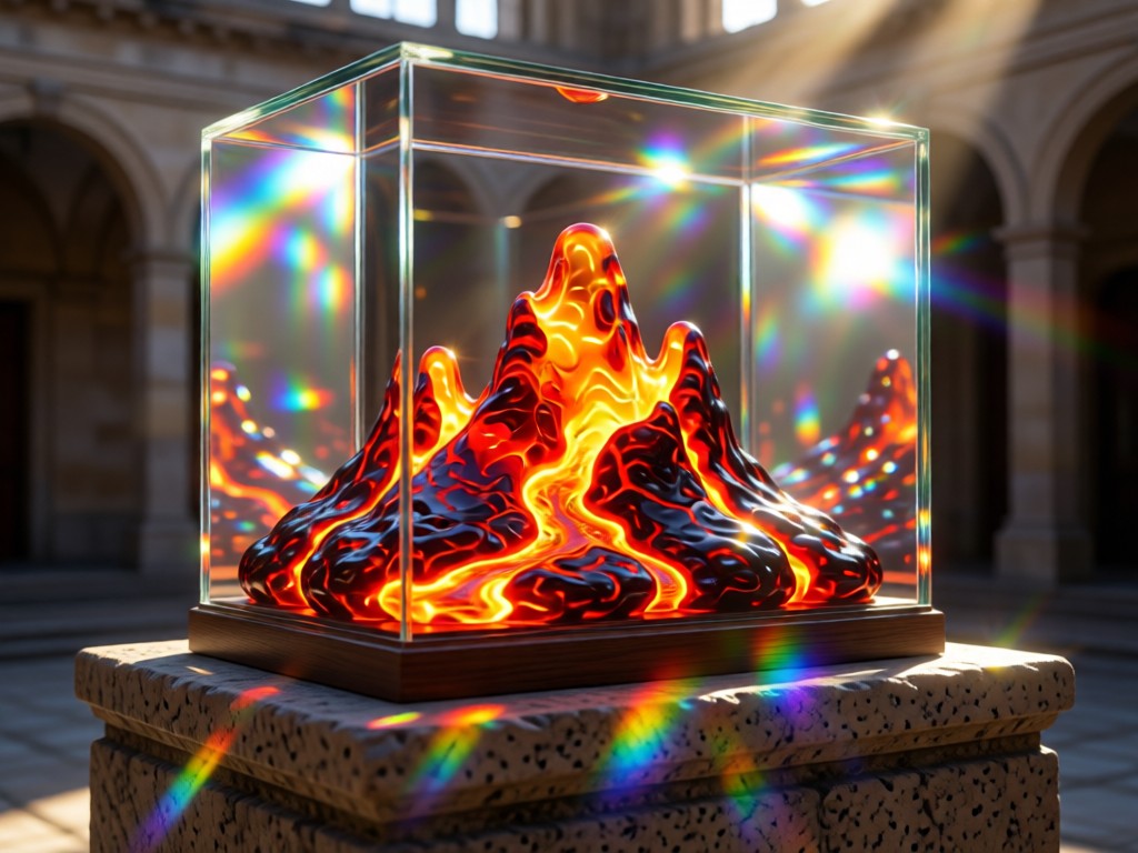 A heat-warped display case containing solidified lava sculptures. Sunlight refracts through glass, creating rainbow flares on a stone pedestal. No people.