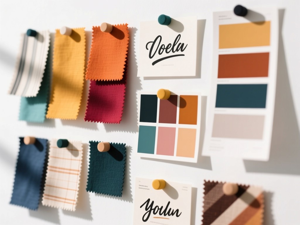 Close-up of a vibrant digital mood board pinned with fabric swatches, color palettes, and typography samples against a clean white background. Soft natural light creates subtle shadows. No people.