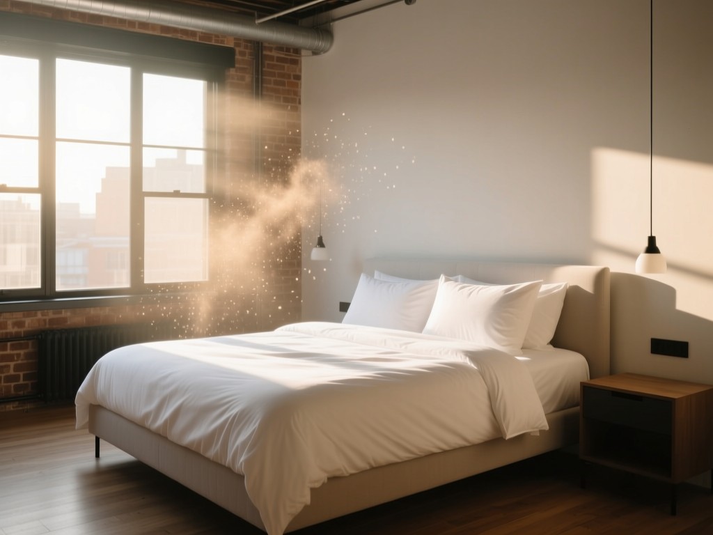 A single perfectly made bed with crisp white linens in a sunlit loft space. Morning light streams through large windows, illuminating dust particles. The scene symbolizes hospitality readiness and visual appeal. No people present.