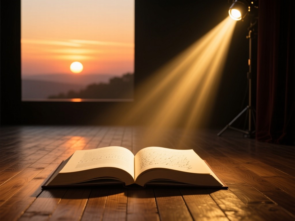 A single spotlight illuminating a script on a wooden stage floor at sunset, golden rays highlighting open pages, symbolic of opportunity, soft shadows, minimalist composition.