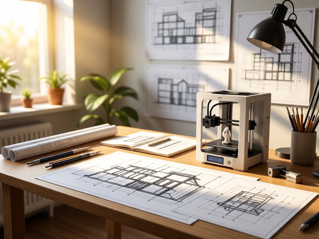 A curated workspace with drafting tools, sketches, and a 3D-printed model on a sunlit desk. Soft focus background shows architectural plans. Natural morning light. No people.