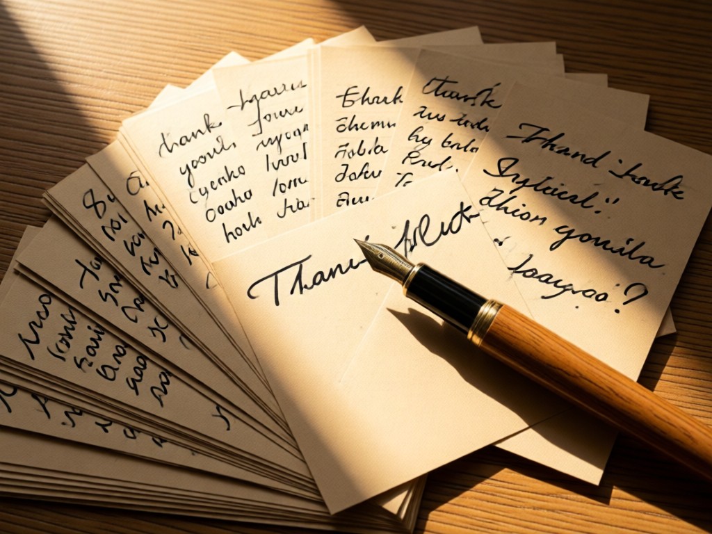 Overhead shot of handwritten thank-you notes fanned around a fountain pen on kraft paper. Warm sunlight creates depth through subtle shadows. Authentic and personal mood. No people.