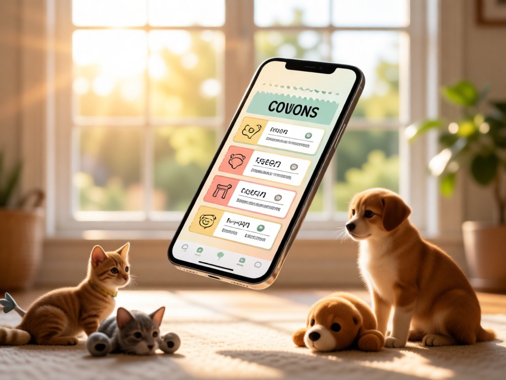 A smartphone displaying a clean coupon grid floating above pet toys. Soft focus background shows a sunlit window. Warm natural lighting. No people.