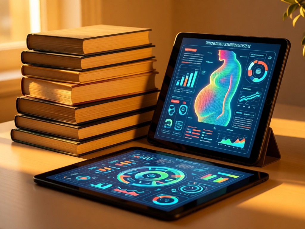 Stacked pregnancy books and tablets displaying infographics. Golden hour light creates cozy layers. Focus on knowledge and accessibility. No people.