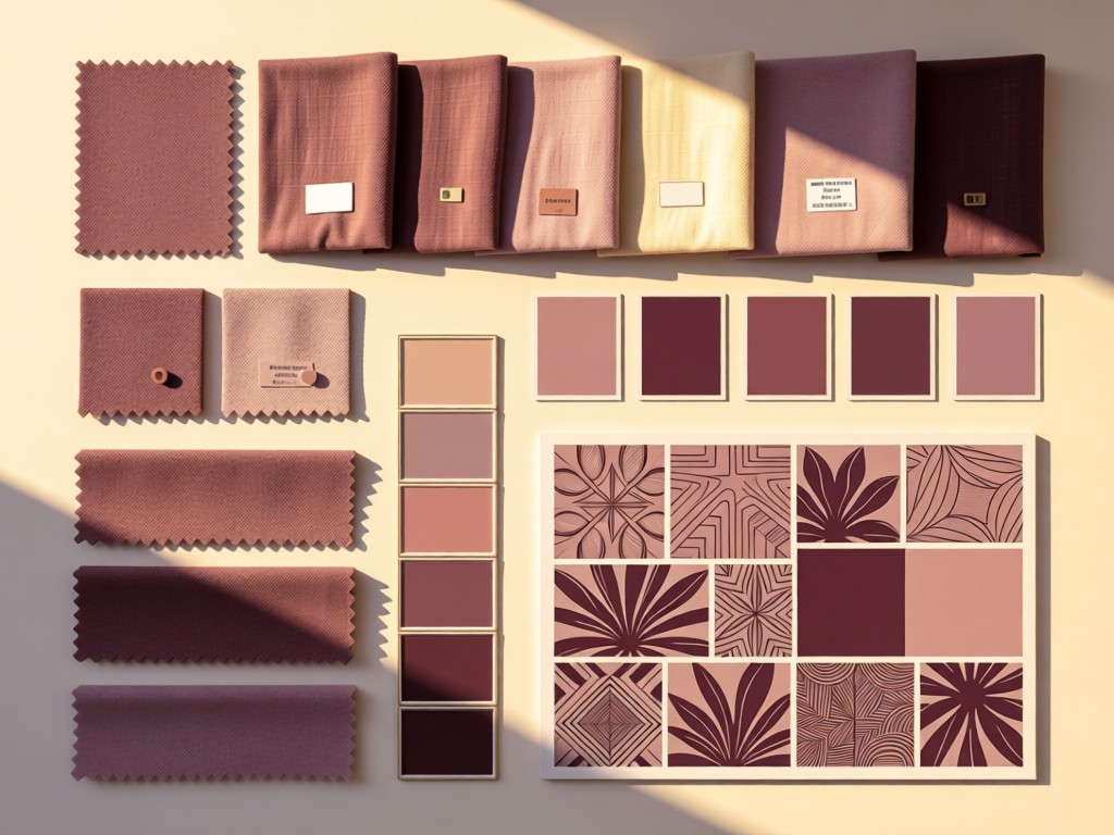 A flat lay of design mockups featuring mauve: fabric swatches, paint chips, and a mood board with mauve-centric patterns. Warm sunlight emphasizes color consistency across materials. No people.