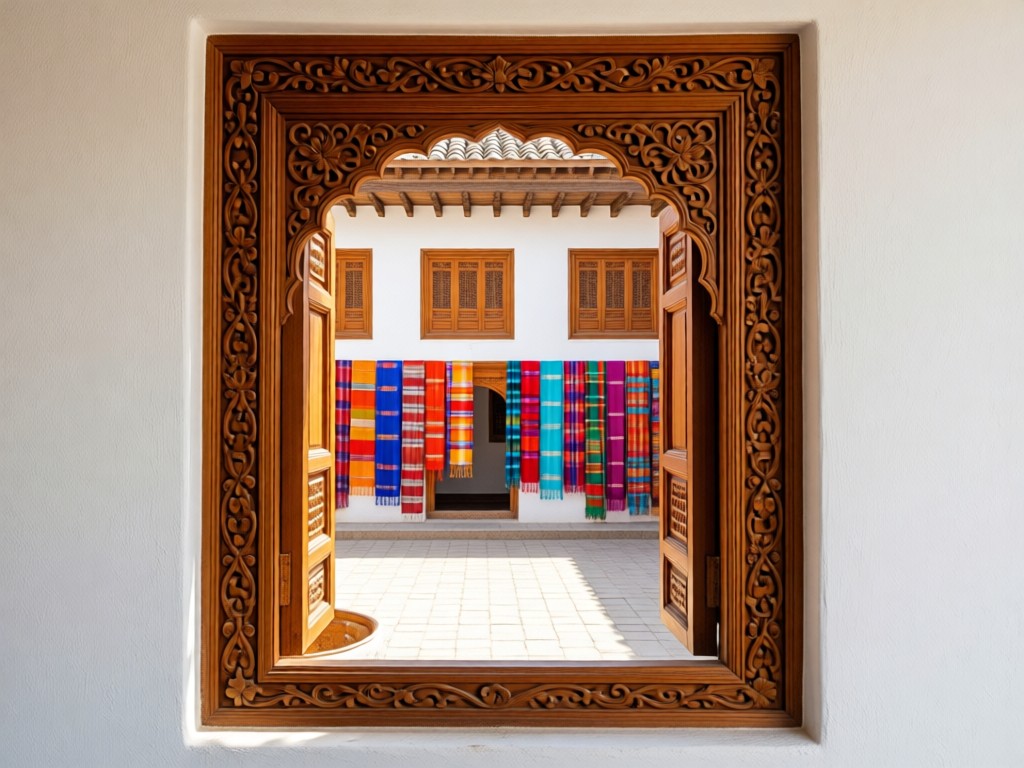 A traditional carved wooden window frame overlooking a sun-drenched courtyard. Colorful shawls and tunics hang neatly inside the frame against whitewashed walls. No people.