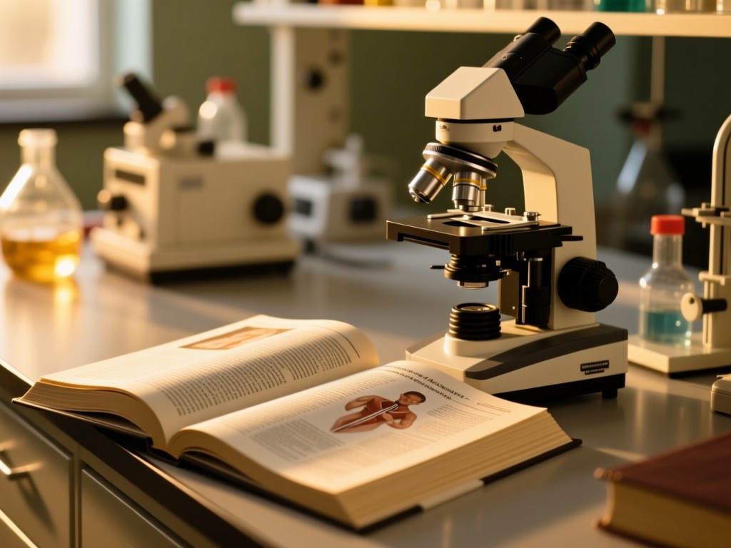An open medical journal beside a microscope on a lab bench. Golden hour light emphasizes the textured pages. Soft focus on lab equipment in background. Scholarly mood. No people.