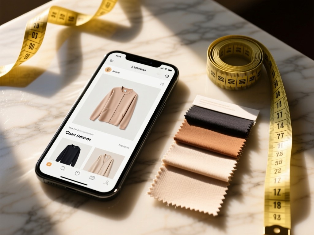 A smartphone displaying a clean clothing product page beside a fabric swatch and measuring tape. Sunlight streams across a marble surface creating warm reflections. No people.