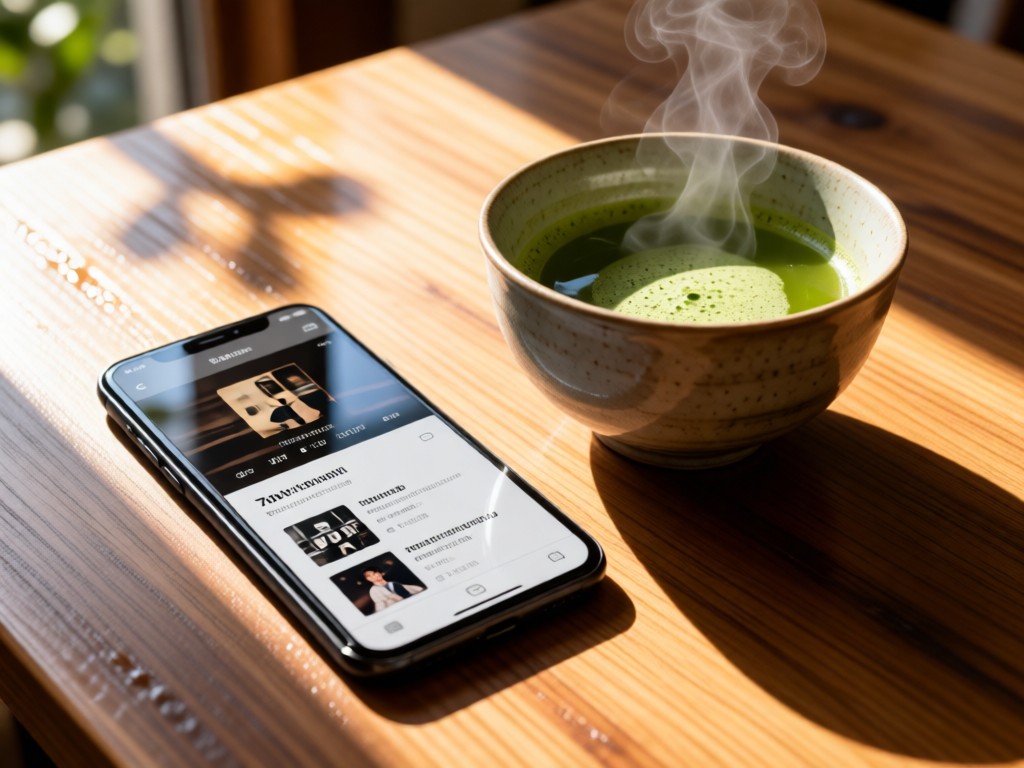 A sleek smartphone displaying a Japanese music portfolio beside a steaming matcha bowl. Natural light creates warm reflections on the wooden surface. No people.
