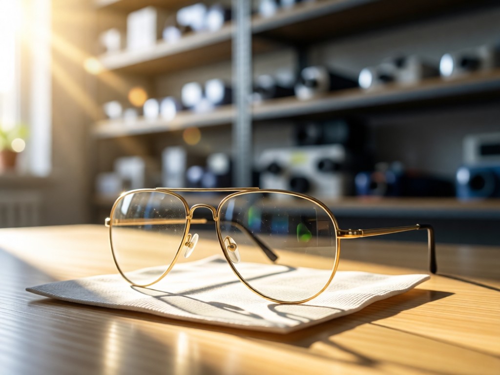 A single pair of gold aviator glasses resting on a lens cleaning cloth in a sunbeam. Shallow depth of field with bokeh background of optical equipment shelves. Symbolizes clarity and precision. No people.
