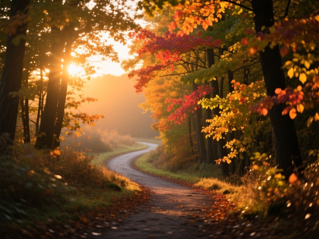 A winding path through autumn woods at sunset, sunlight filtering through colorful leaves, symbolizing research discovery, natural earth tones, soft golden lighting, no human presence.