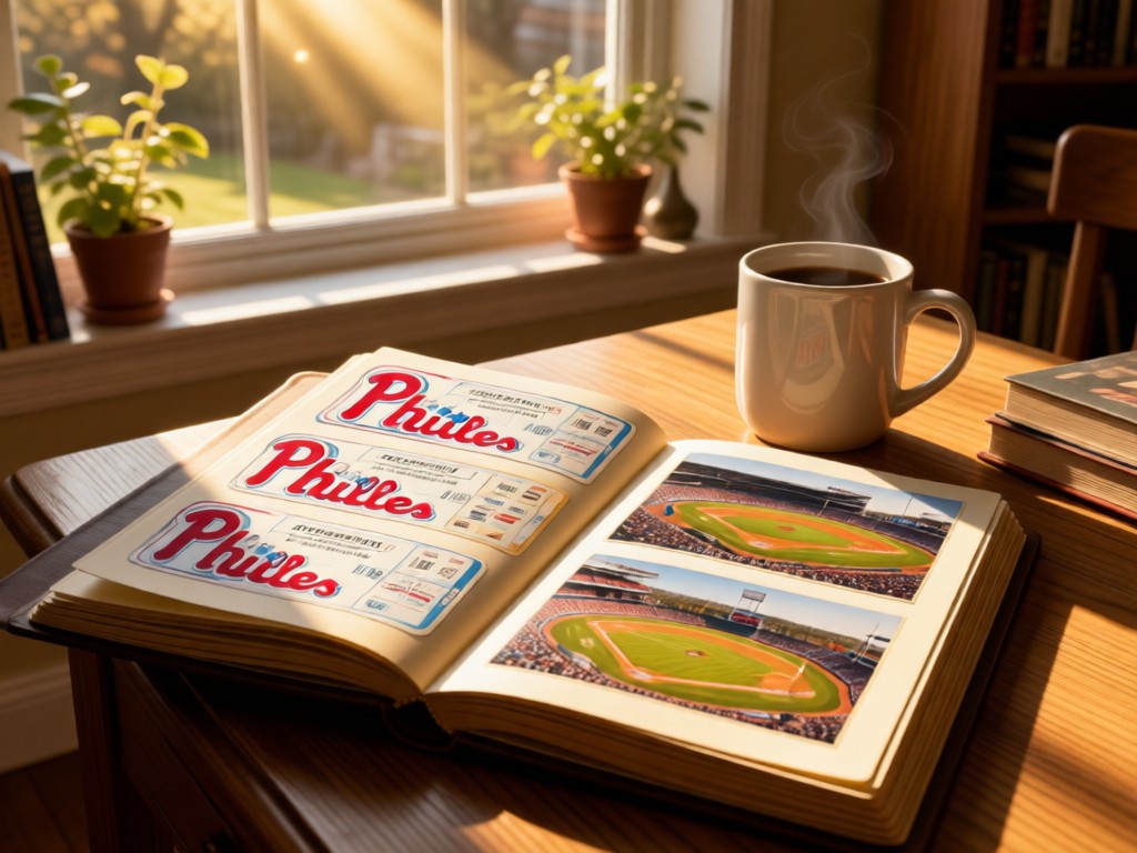 Open scrapbook with Phillies tickets and stadium photos beside a coffee mug. Cozy home setting with afternoon sun streaming through a window. No people.