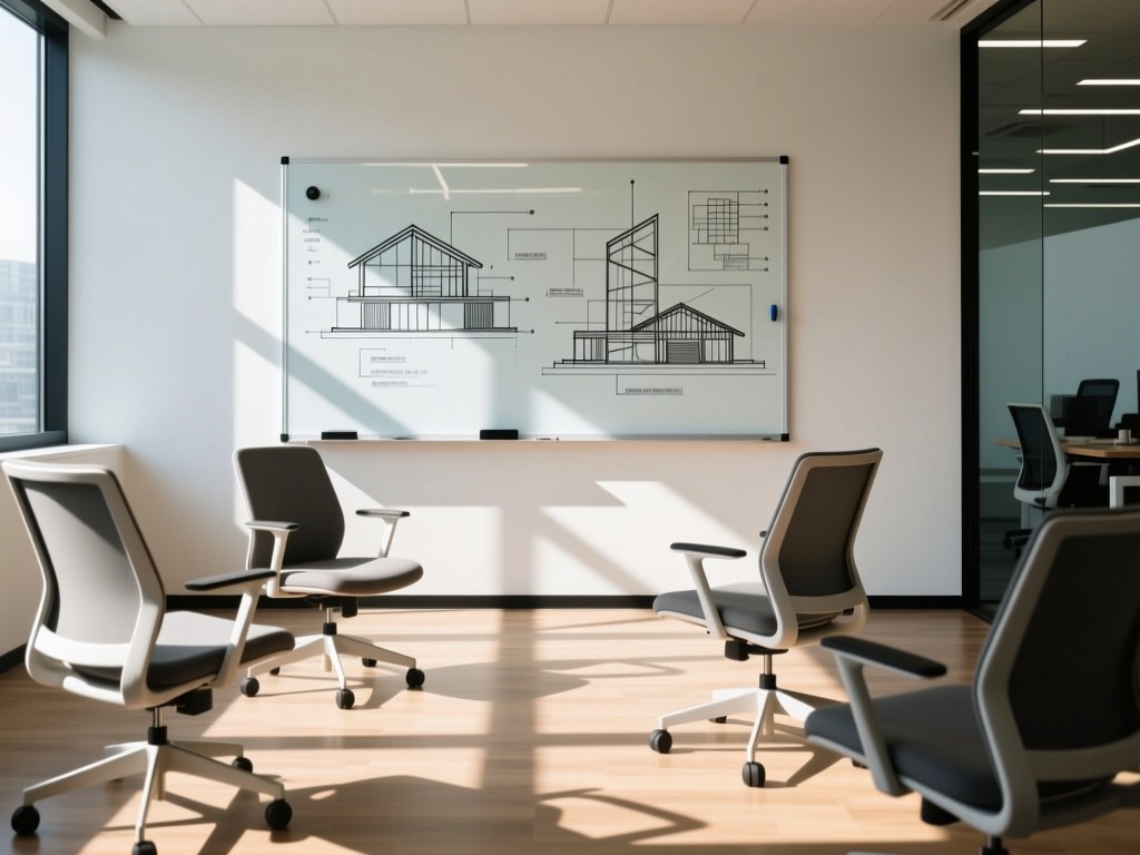 Empty modern office chairs facing a whiteboard with tech architecture diagrams. Sunlight creates geometric patterns on the floor. Collaborative atmosphere. No people.