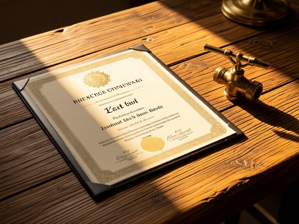 Neatly arranged professional certificates on a reclaimed wood desk. Golden hour light creates warm shadows. A single brass irrigation nozzle placed beside them.
