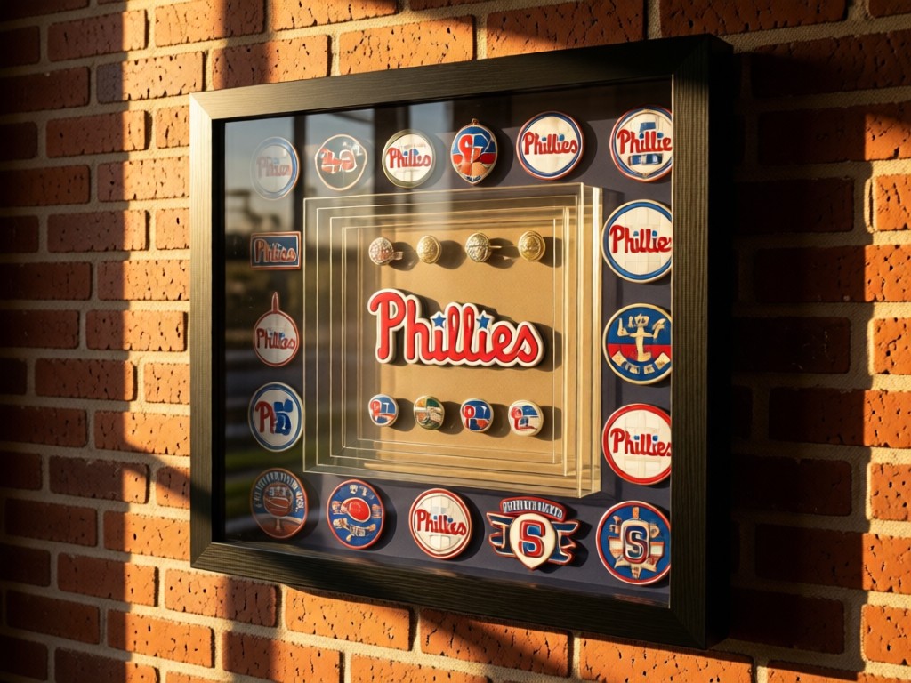 A shadowbox display of Phillies pins and patches on a sunlit brick wall. Warm light creates depth through layered glass. No people.