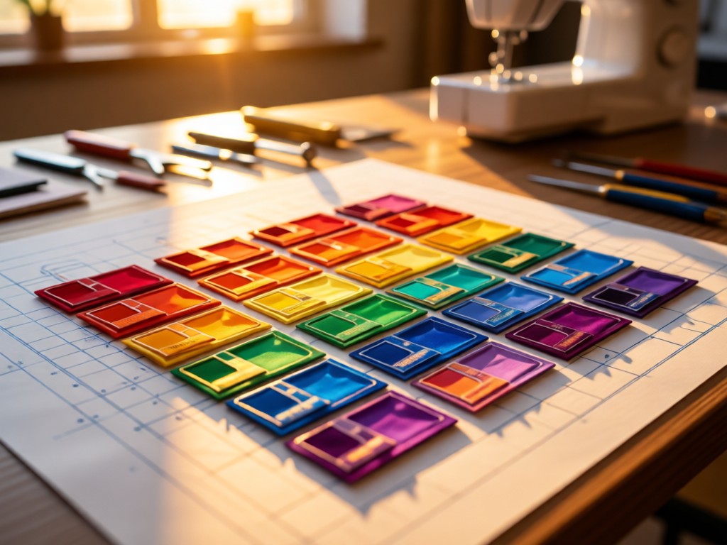 Aerial view of rainbow garment tags arranged like paint swatches on a designer's drafting table. Golden hour light creates warm color reflections. Sewing tools blurred in background. No people.