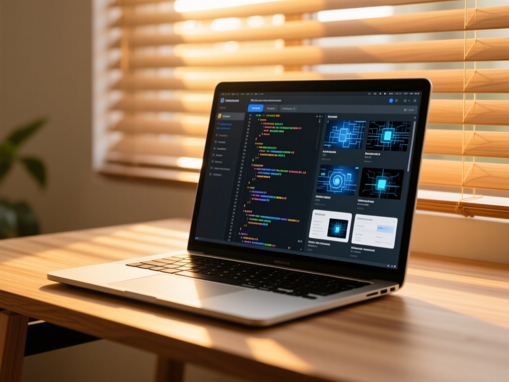 A modern laptop on a minimalist desk at golden hour, screen displaying organized code repositories and tech project thumbnails, warm sunlight filtering through blinds, shallow depth of field, natural wood textures, no visible people.