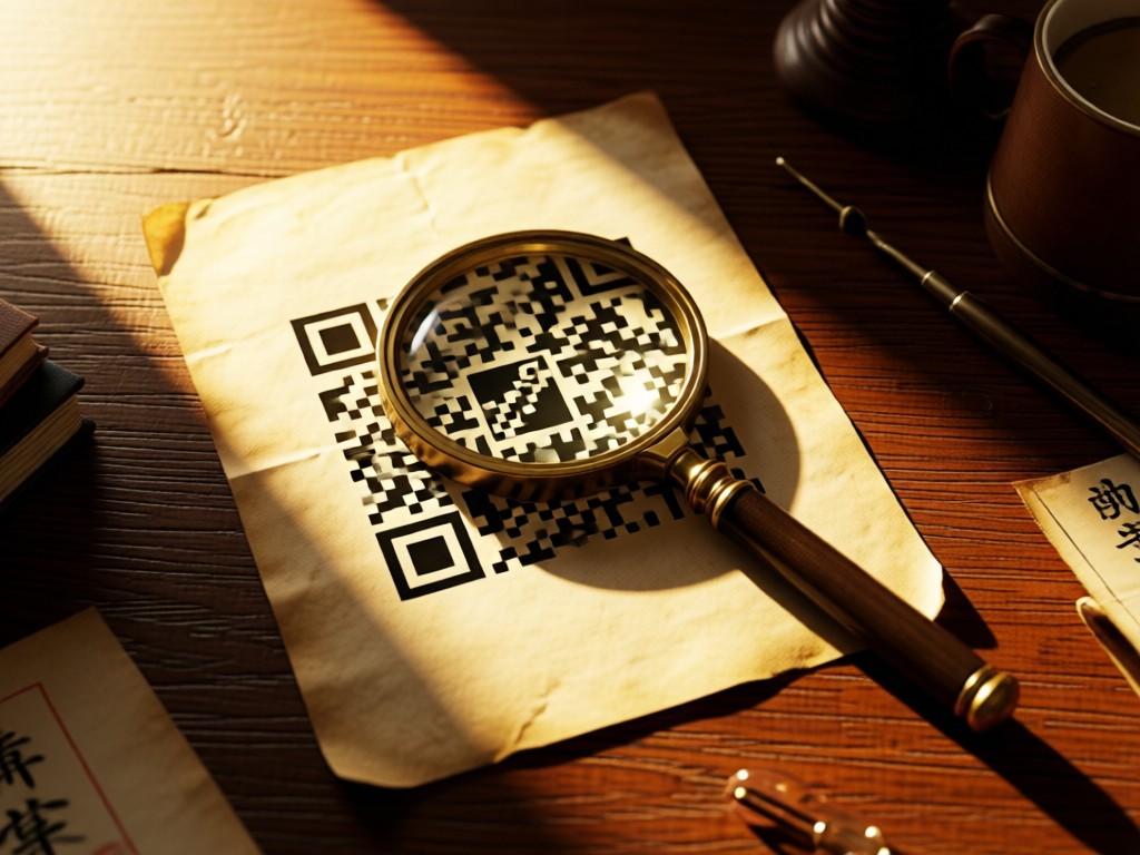 Vintage magnifying glass over QR code printed on faded Japanese paper. Warm light creates long shadows across textured desk. No people.