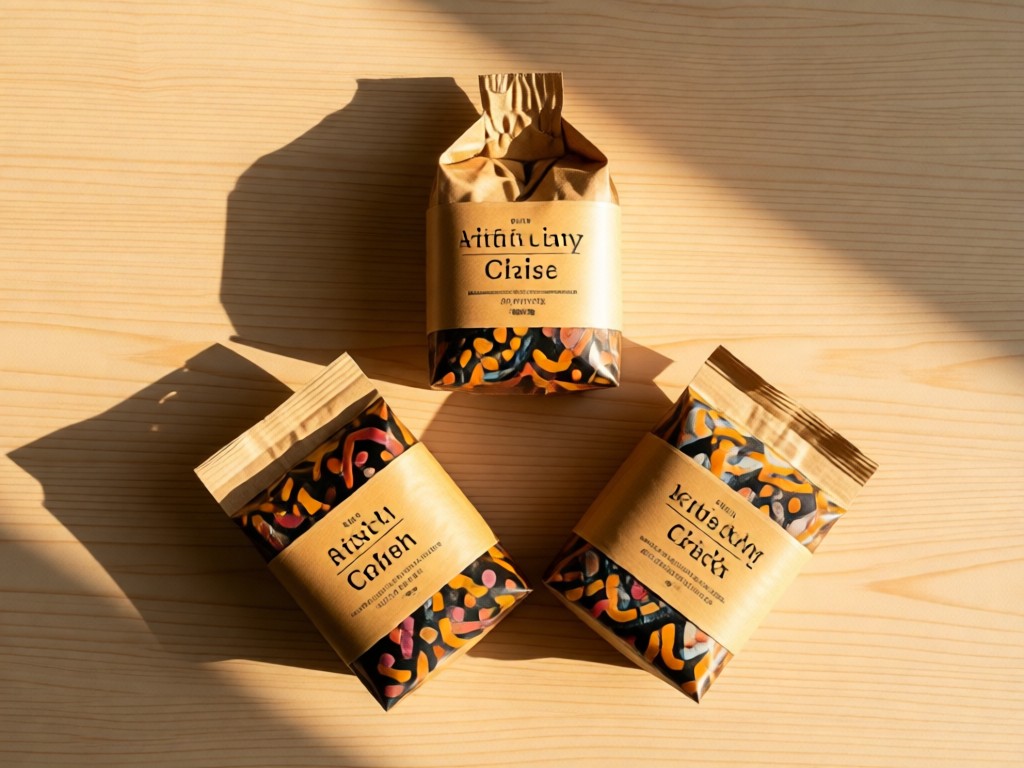 An overhead shot of three artisanal product packages arranged in a triangle on a light wood surface. Soft shadows and golden hour lighting highlight textures. No people.