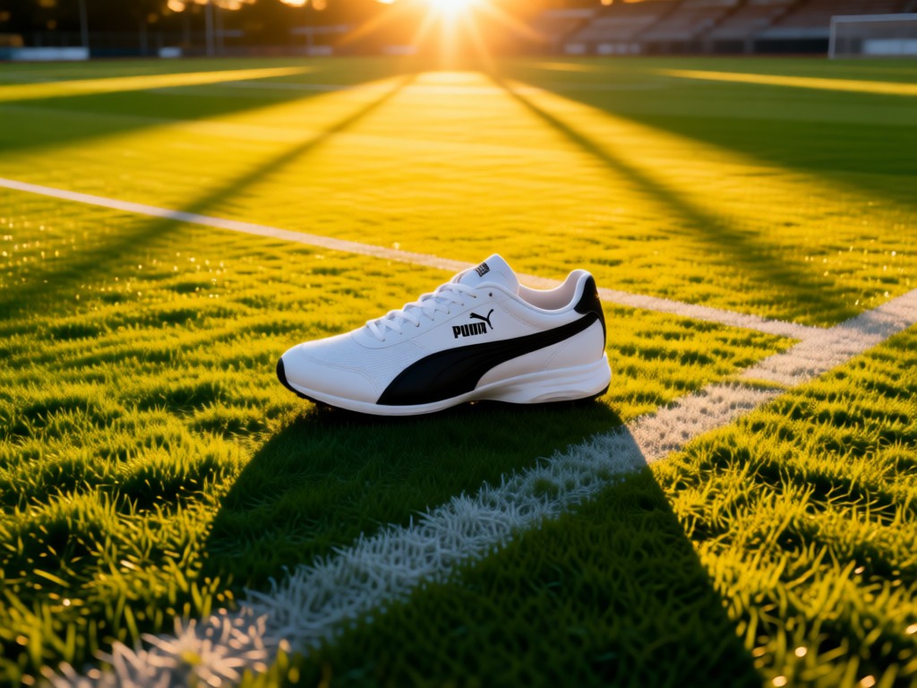 Aerial view of a single Puma sneaker centered on a vibrant soccer field at sunset. Represents focus and brand authority. Golden light with long shadows. No people.