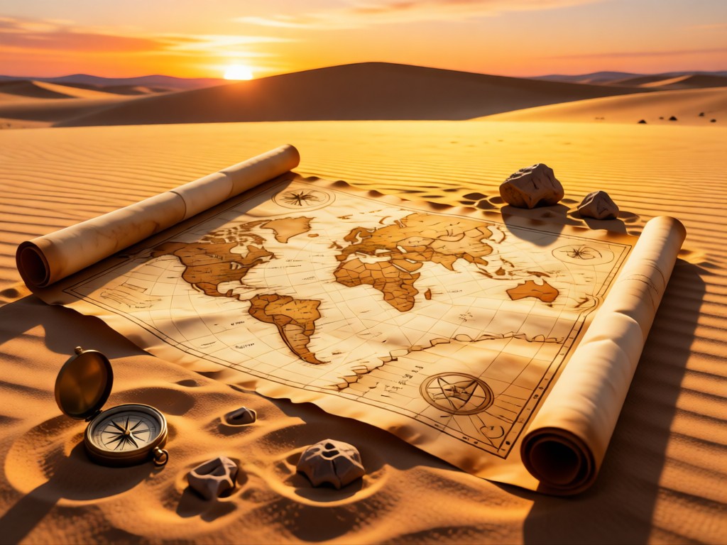 A vintage map unfurled on desert sand with compass and fossil fragments as weights. Late afternoon sun creates warm gradients across the parchment. No people.