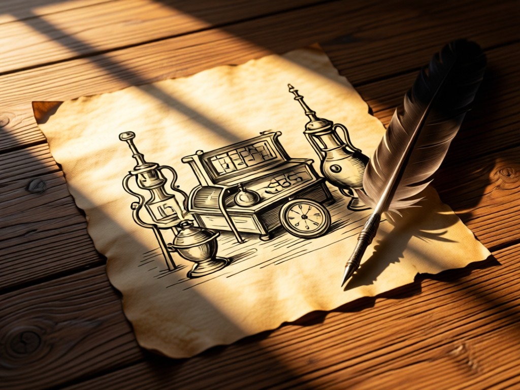 Faded parchment paper with ink sketches of antiques beside a quill pen. Warm light casts long shadows across textured wooden desk. No people.