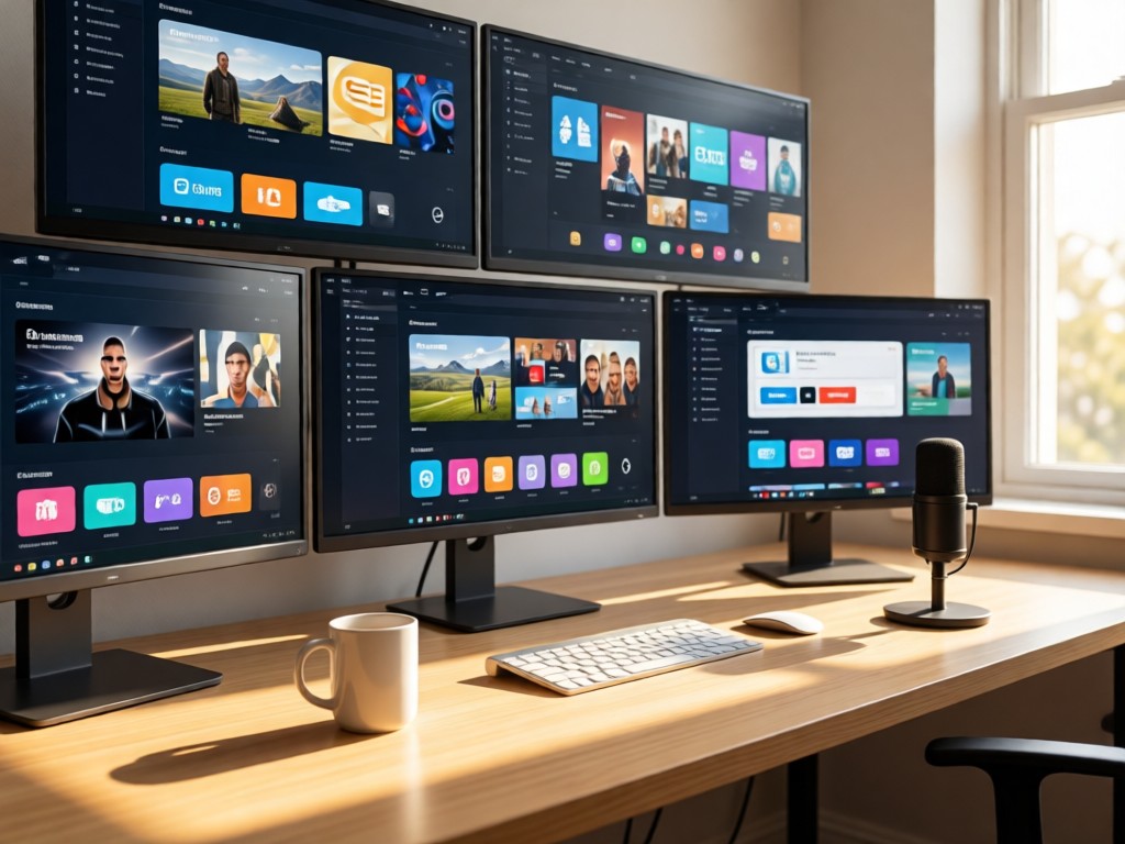 A clean desk with multiple screens showing different media platforms. Soft sunlight highlights a coffee mug beside a minimalist microphone. No people, technology-focused composition.