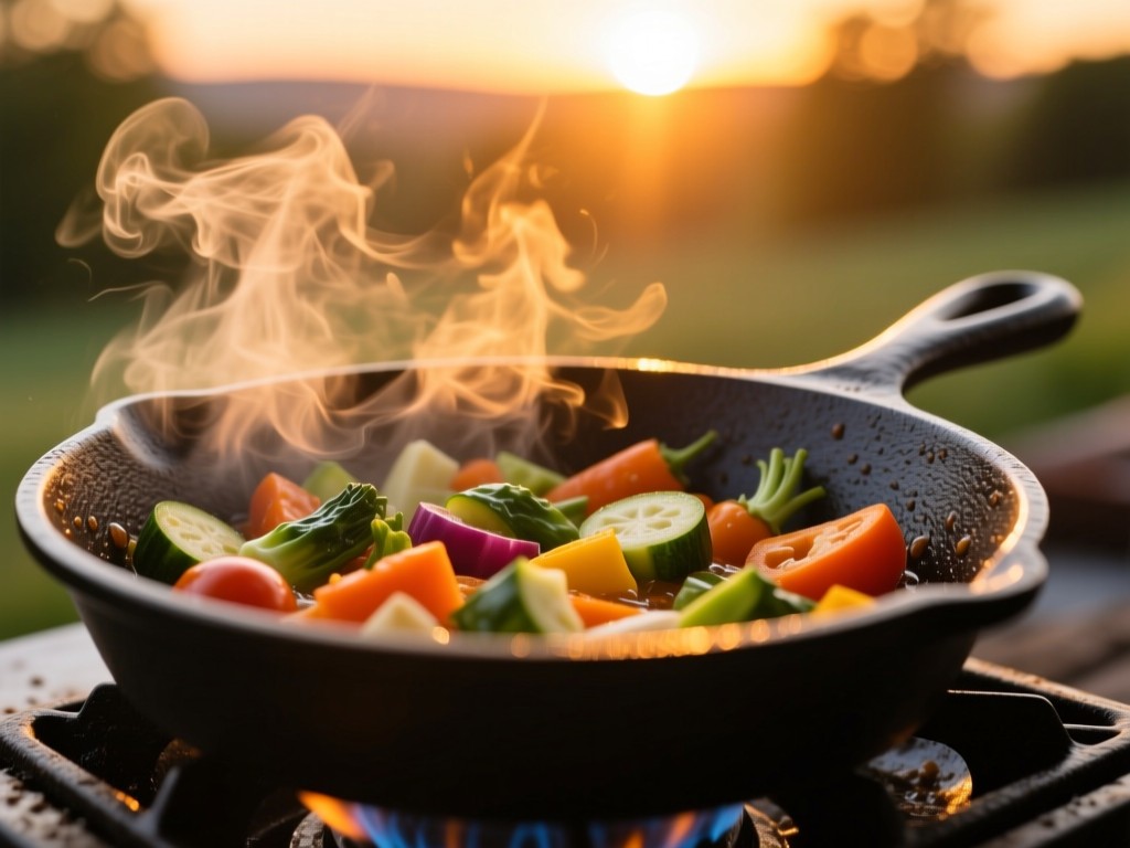 A cast-iron skillet sizzling with vegetables during sunset, steam rising into golden light, vibrant colors, natural textures, shallow focus on the pan, no text or human elements.