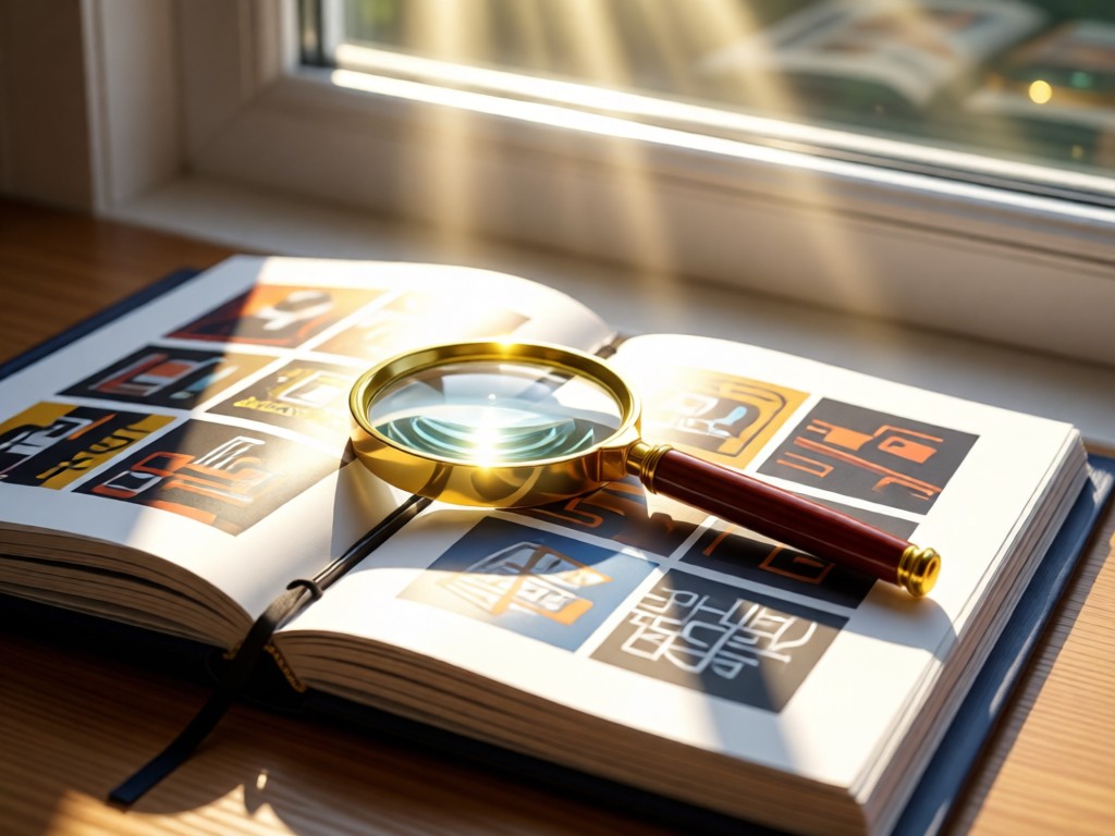 Magnifying glass resting on an open portfolio book showing print designs. Sunlight streams through nearby window, creating luminous highlights. Clean, focused composition. No people.