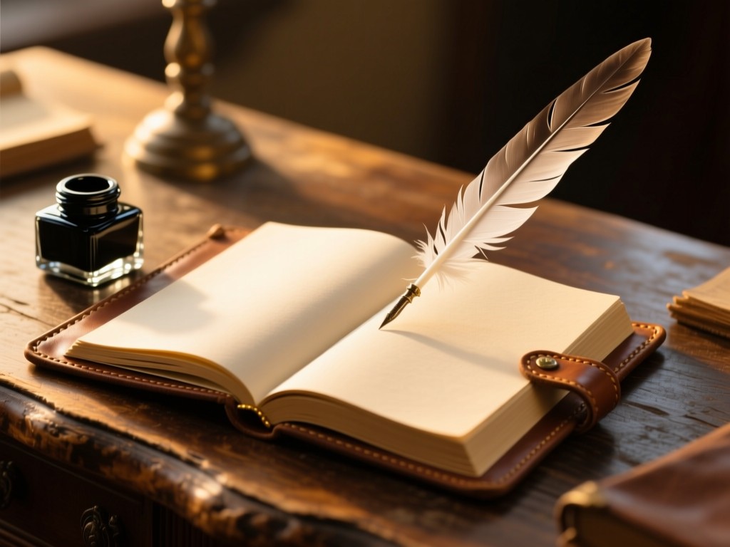 An open leather-bound journal beside an inkwell and feather quill on a rustic desk, golden hour light illuminating blank pages, shallow focus, warm earthy tones, no text visible.