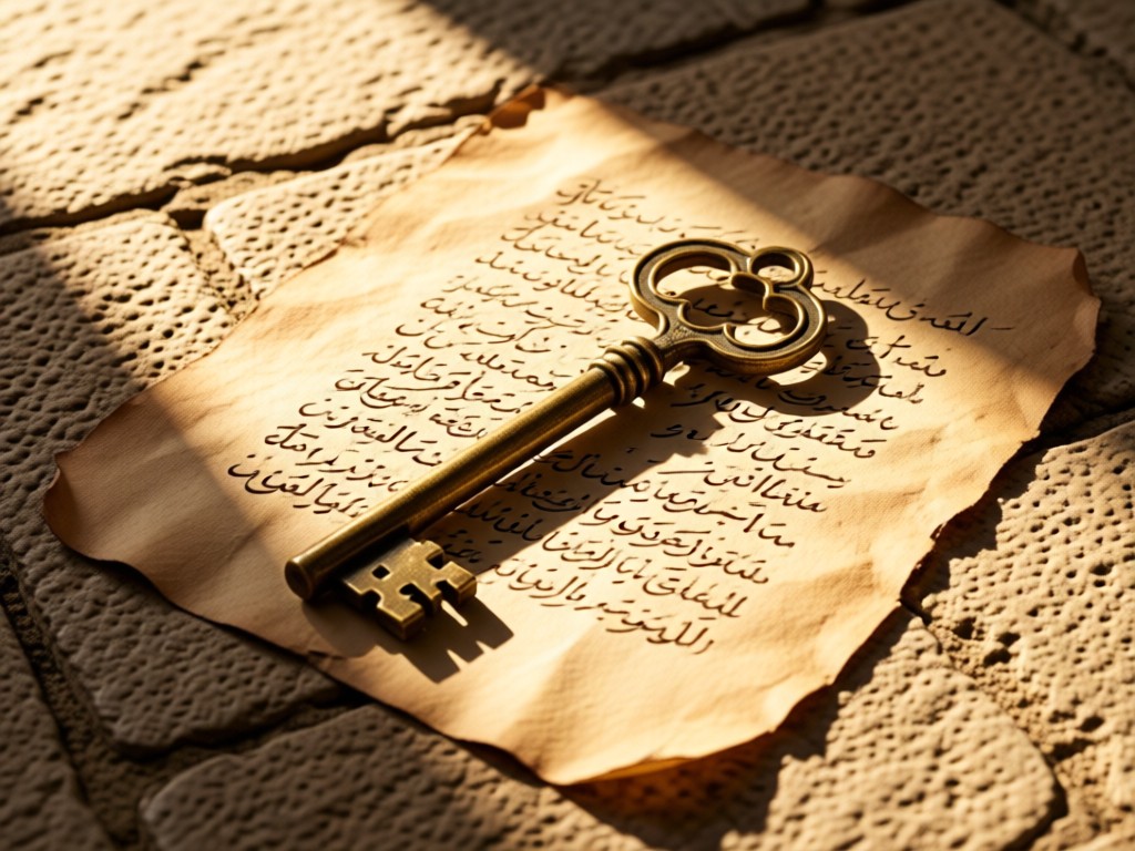 Vintage brass key resting on aged parchment with handwritten Arabic script. Warm light creates long shadows across a stone surface. No people.