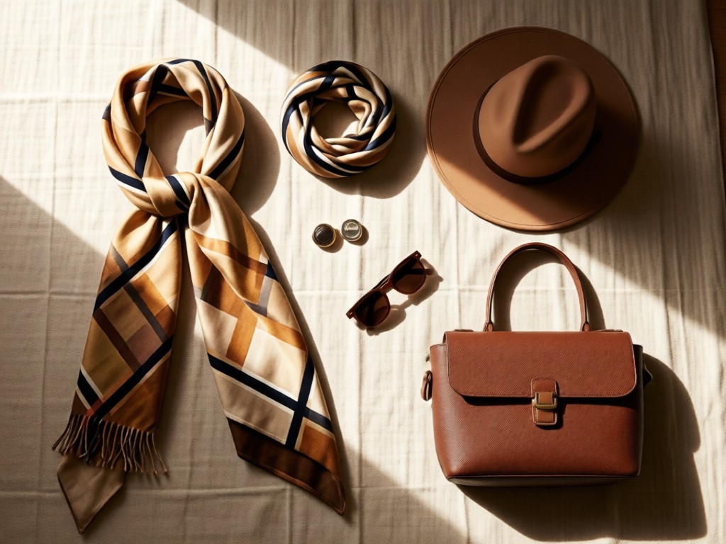 An artfully arranged flat lay of Primark accessories - scarves, hats, bags - on natural linen. Soft directional lighting creates depth and highlights textures. Clean composition with breathing room.