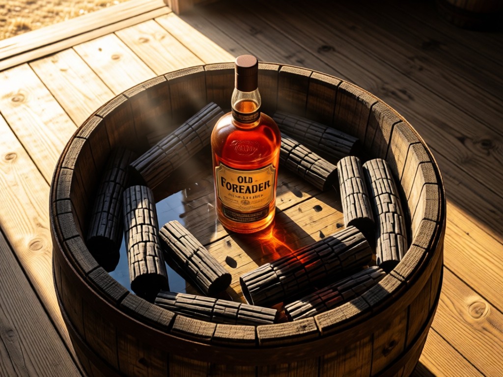 An aerial shot of an Old Forester bottle surrounded by charred oak barrel pieces on sunlit barnwood. The bottle stands centered in a pool of morning light. Symbolizes craftsmanship and heritage.