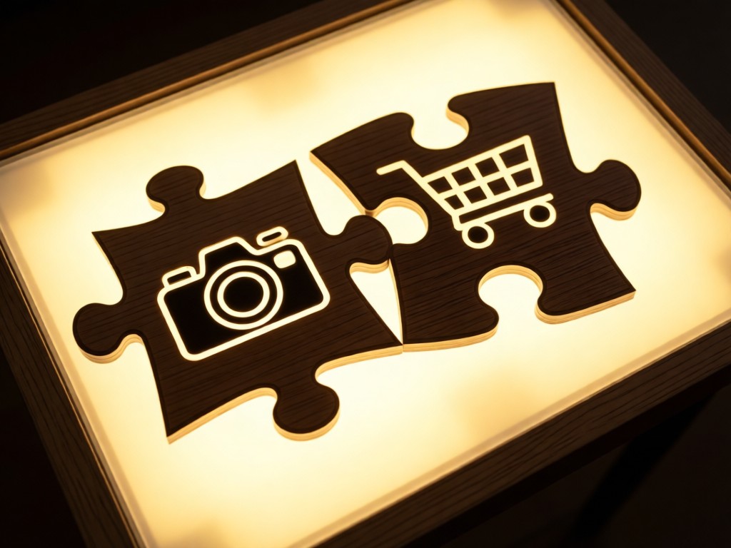 Aerial view of interlocking puzzle pieces on a lightbox table. One piece shows a camera icon, another a shopping cart. Warm overhead lighting.