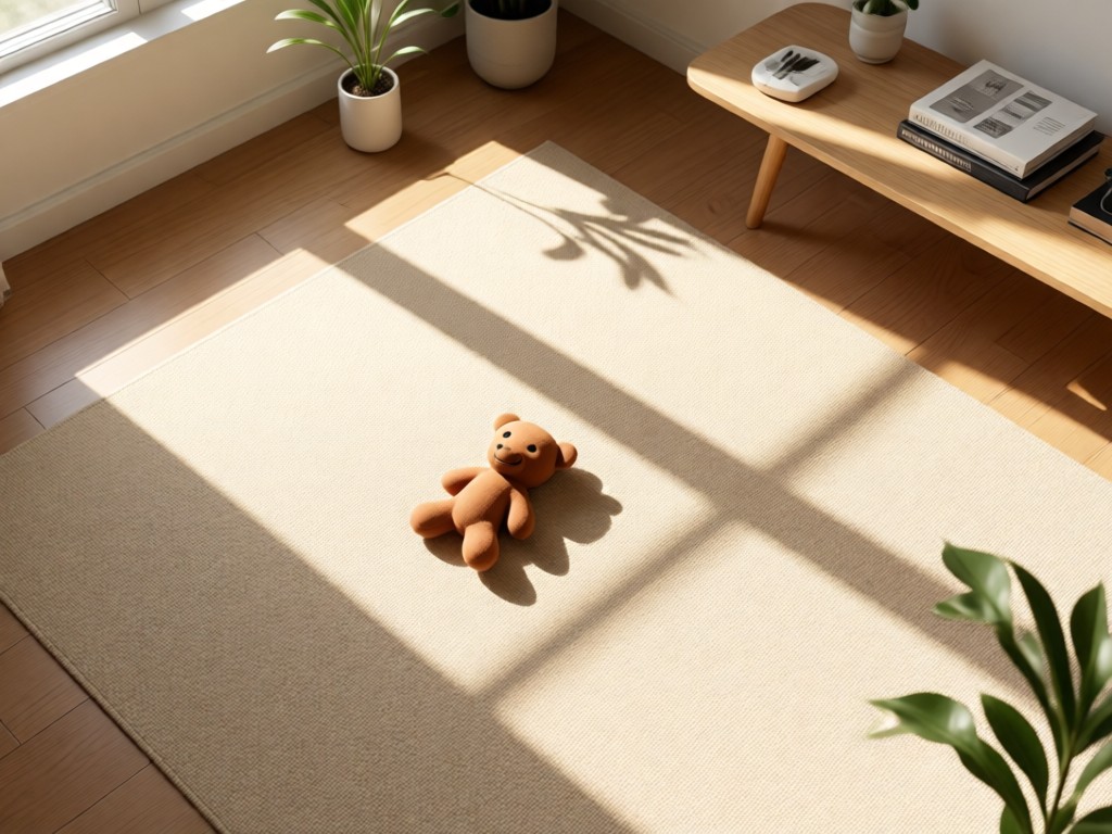 Aerial view of a single well-loved chew toy resting on a clean beige rug in a sunlit room. Soft shadows stretch across minimalist decor. Symbolizes focus and having essentials in one place. No people or pets.