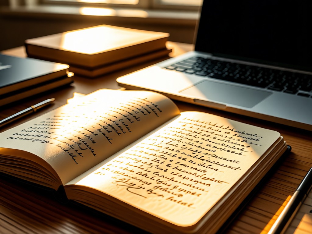 An open notebook with handwritten notes beside a laptop. Sunlight illuminates the paper grain. Warm, creative atmosphere. No people.